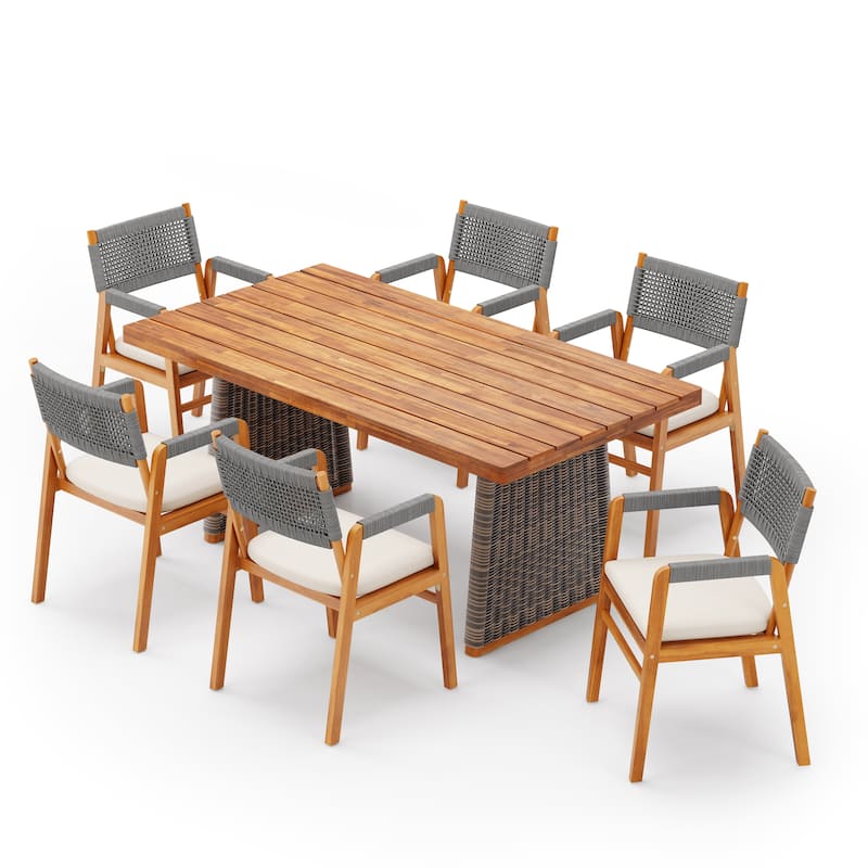 Christopher Knight Home - Kael Outdoor Acacia Wood Dining Set with Rope-Woven Armchairs and Cushions