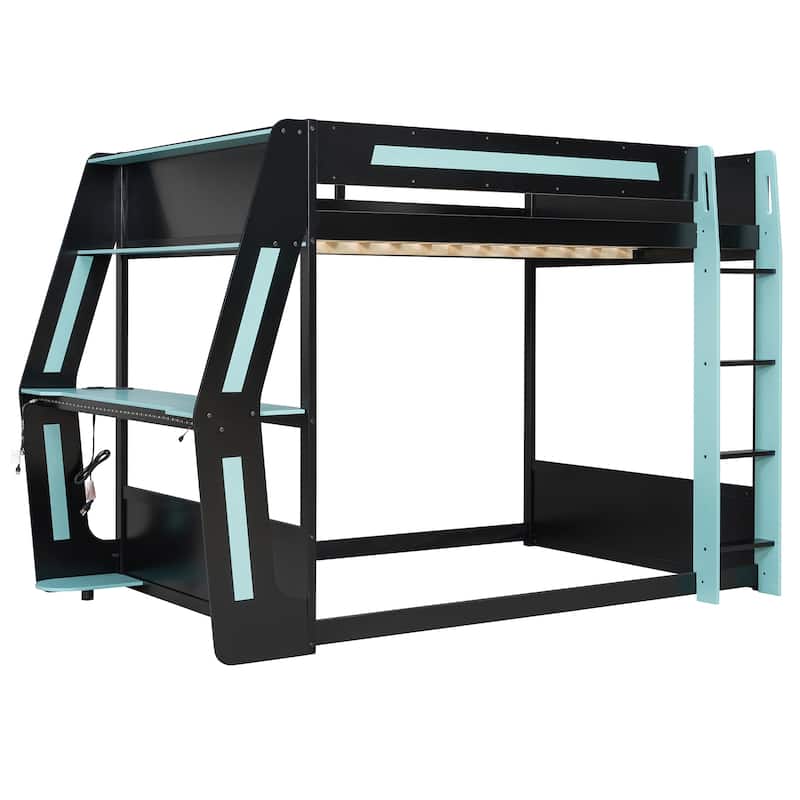 Gaming Loft Bed with Desk LED USb Shelf Full Size