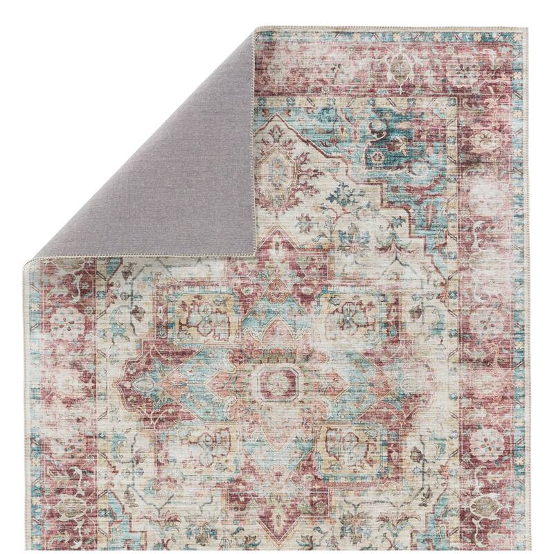 Vandran Machine Washable Medallion Dark Red/ Teal Area Rug