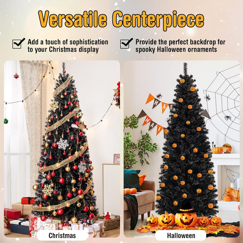 Gymax 6/7 FT Pre-lit Black Christmas Tree Artificial PVC Slim Pencil - See details