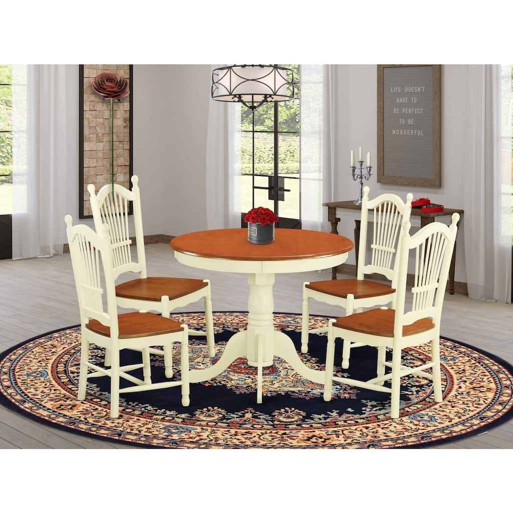 HomeStock 5-Piece Round Buttermilk and Cherry Finish Solid Wood Top Dining table with 4-Chairs
