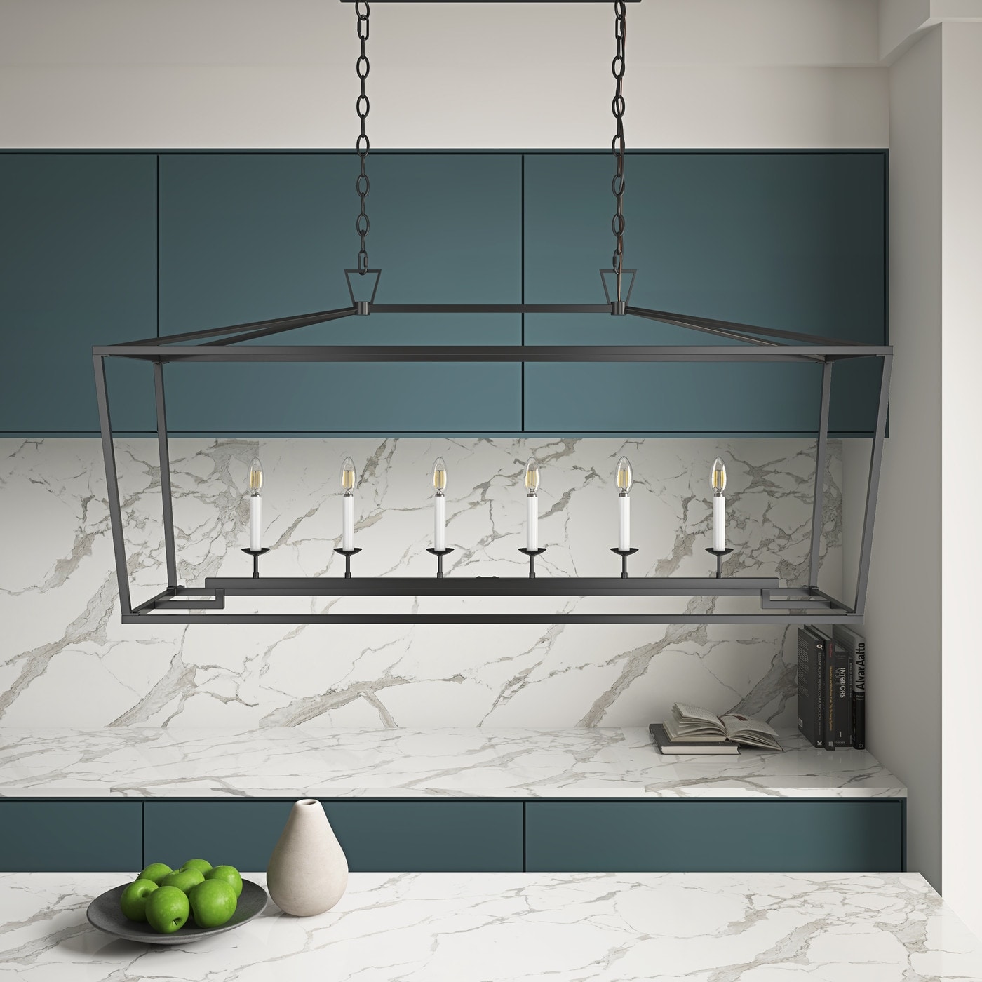 Farmhouse Matte Black 6-Light Rectangle Kitchen Island Chandelier