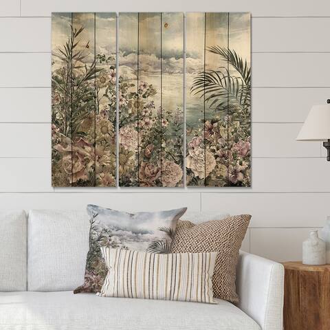 Designart 'Retro Flowers By The Sea Side' Vintage Print on Natural Pine Wood - 3 Panels