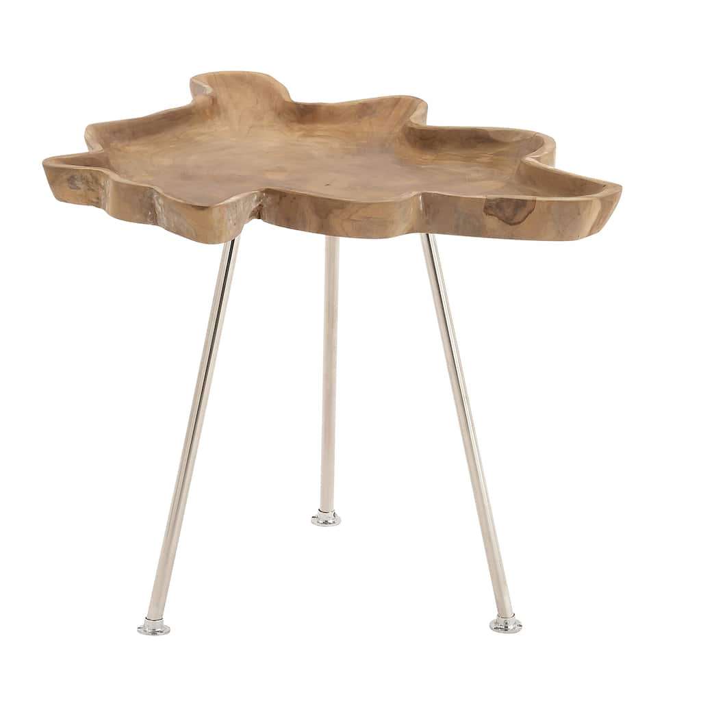 Teak Wood Live Edge Top Accent Table with Silver Metal Tripod Legs - Brown - Roche River Decor - 22"W x 27"L x 22"H