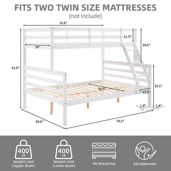 dimension image slide 0 of 4, Twin Over Full Bunk Bed,Solid Wood Frame,High Guardrail,Safe for Kids