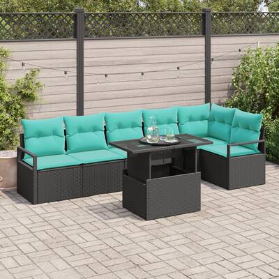 vidaXL 7 Piece Garden Sofa Set with Cushions Black Poly Rattan - 113×48×27.2