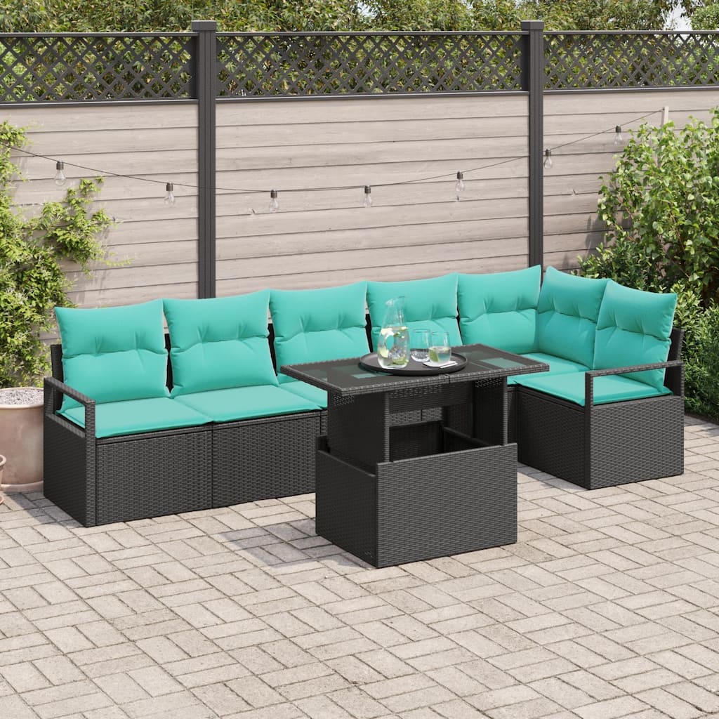vidaXL 7 Piece Garden Sofa Set with Cushions Black Poly Rattan - 113×48×27.2