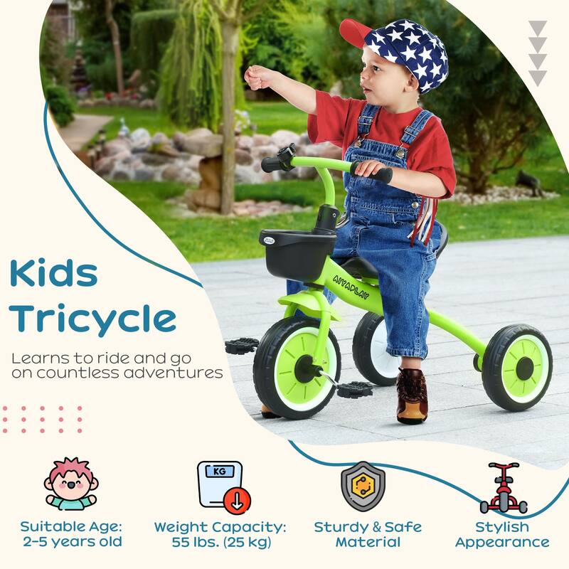 Toddler Tricycle with Adjustable Seat, Fun Bell, Basket, and EVA Wheels for Kids 2-5 Years