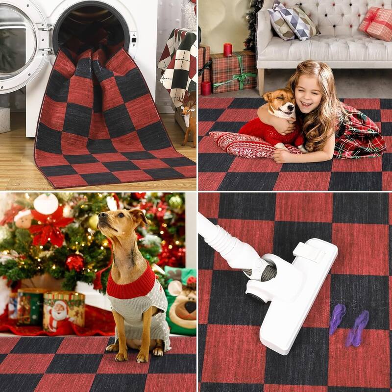 Grid Pattern Washable Christmas Area Rug Indoor Floor Cover for Xmas Holiday Decoration, Red+Black