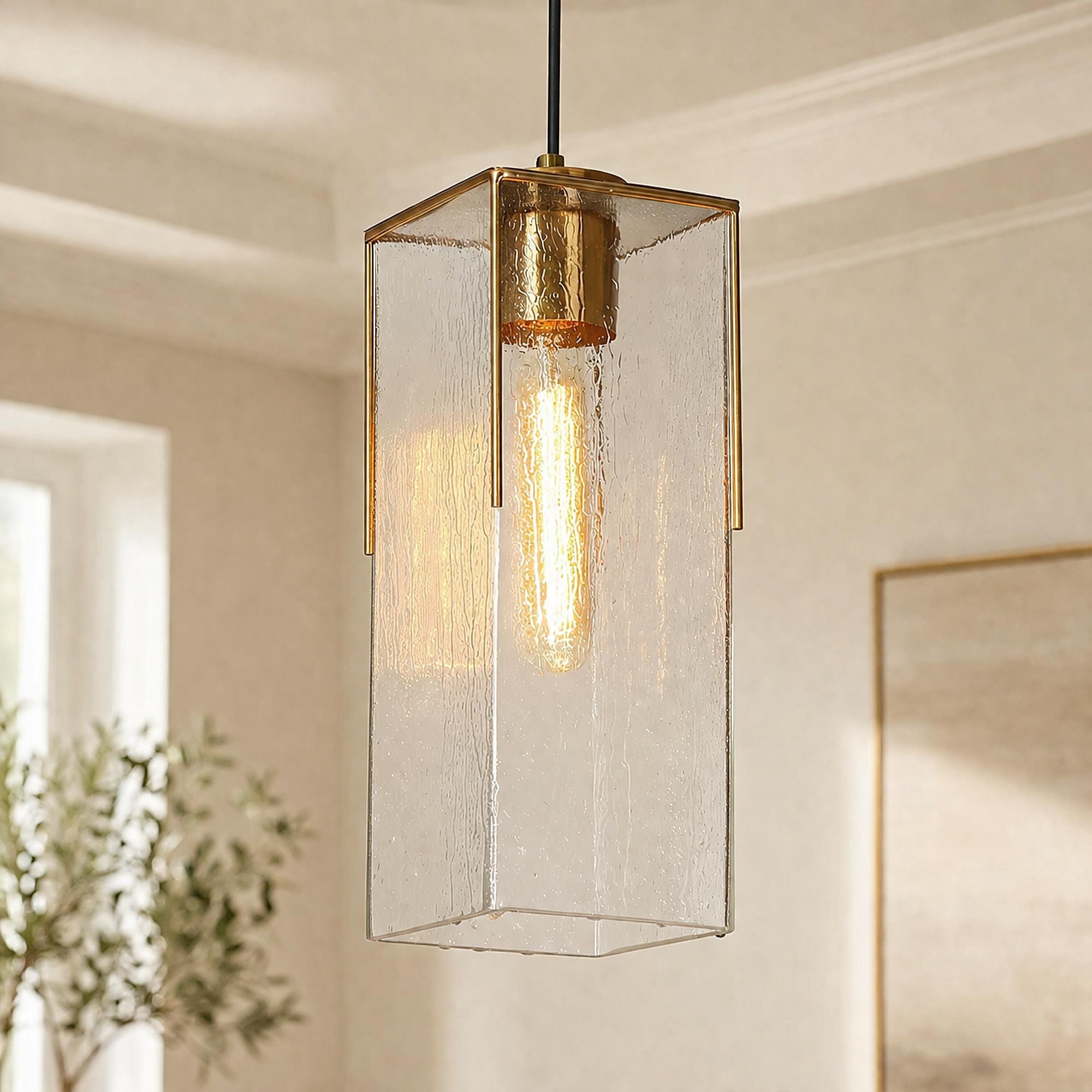 Ottilie Modern Glam Gold 1-Light Cuboid Water Ripple Glass Kitchen Island Pendant Light for Dining Room