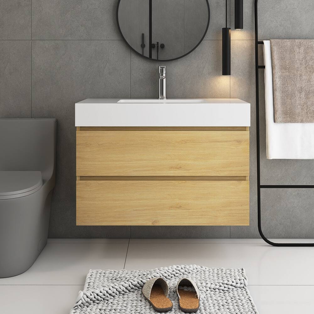 24/30/36 inch Wall-Mounted Bathroom Vanity Set in Oak with Integrated Resin Sink