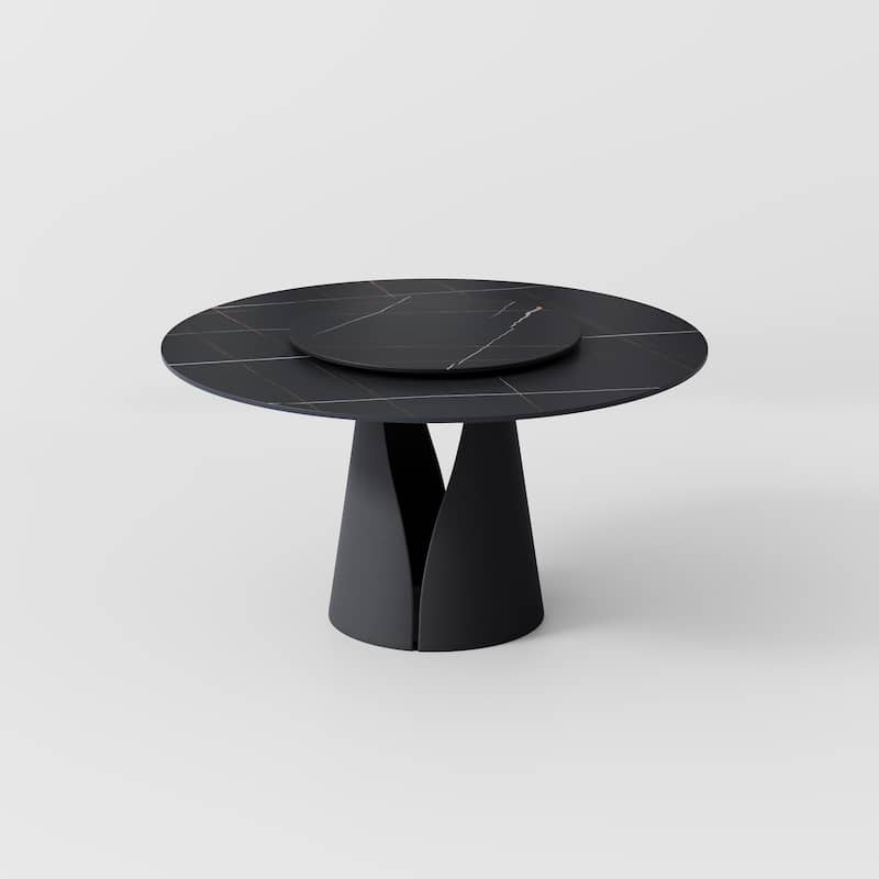 Modern Round White Dining Table，Sintered Stone Tabletop, Solid Black Carbon Steel Base