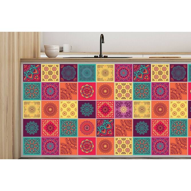 Walplus Colorful Mandala Tile Stickers Peel and Stick Wall Sticker 4"x4"