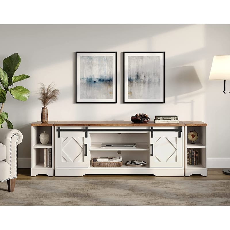 Modern Farmhouse TV Stand for up to 85" TVs Entertainment Center with Open Storage for Living Room - White