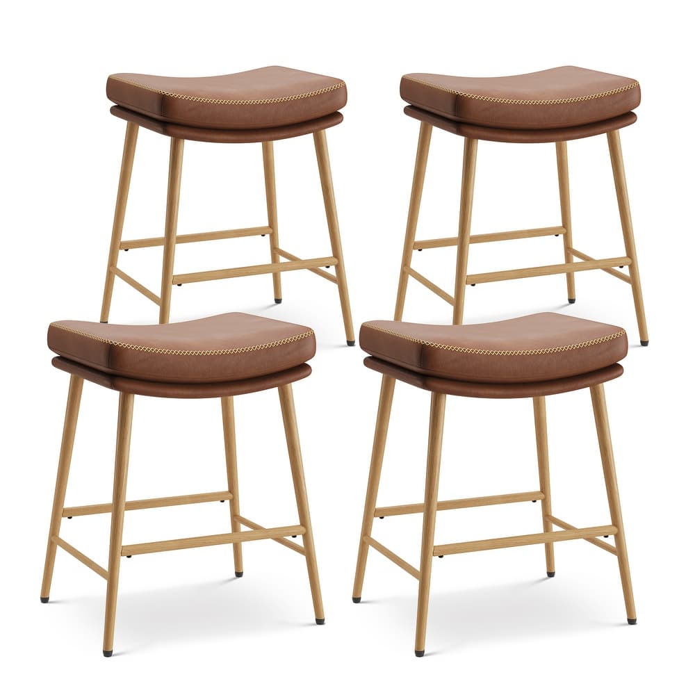 RENEWLINE Metal Bar Stools, 24 Inch Backless Counter Height Stools（Set of 2/3/4/6） with PU Leather Seat & Footrest