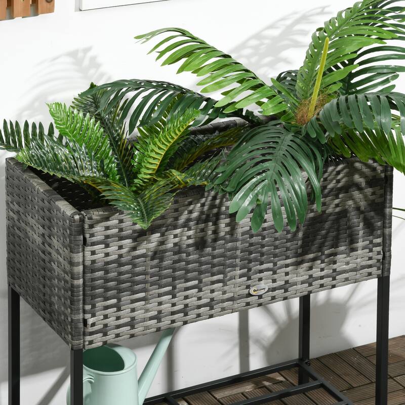 Indoor/Outdoor Rattan Garden Planter with Shelf for Flower Vegetable