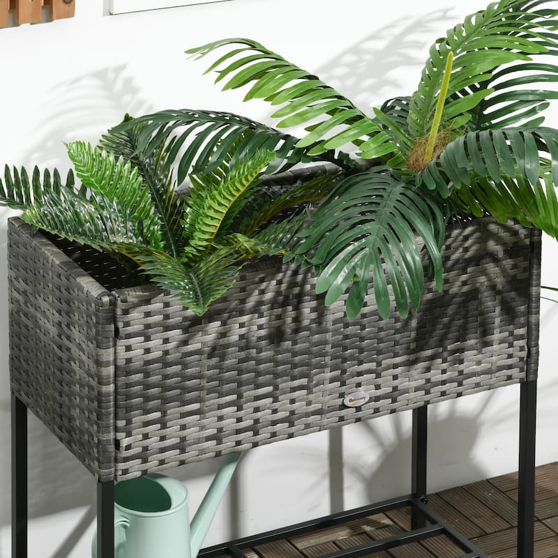 Raised Garden Bed,Elevated Planter Box with Rattan Wicker Look,Tool Storage Shelf,Portable Design for Herbs