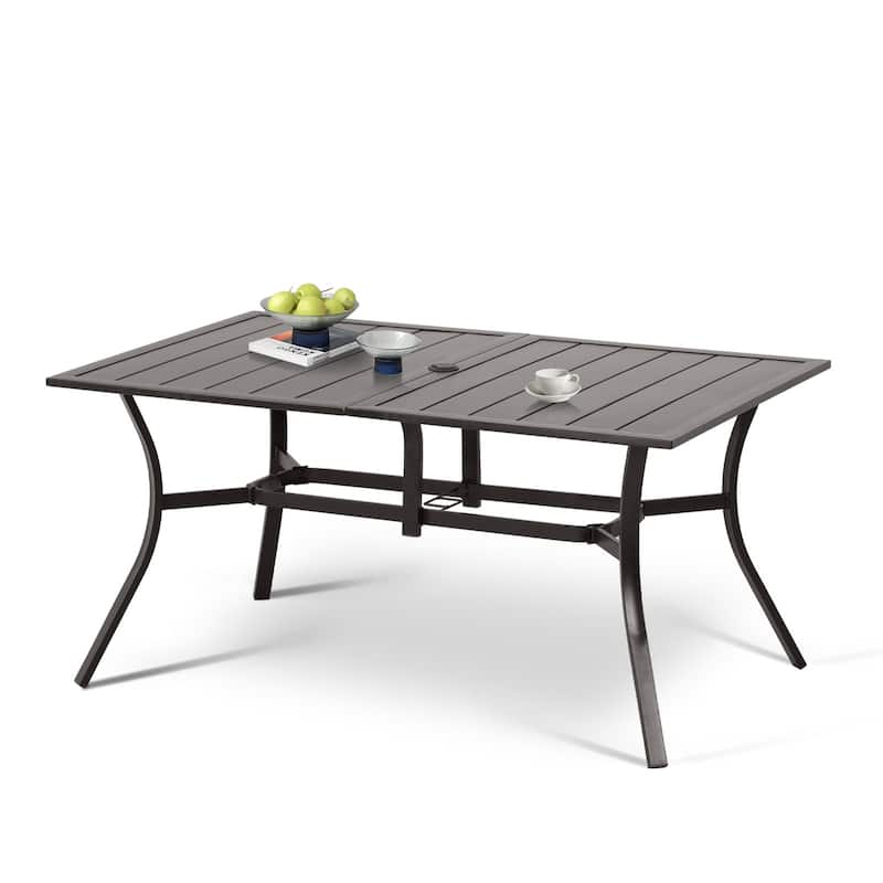 Aoodor Patio Dining Table for 6 People, Rectangular Metal Outdoor Dining Table with Adjustable Umbrella Hole - 59"x38"x29" - Brown