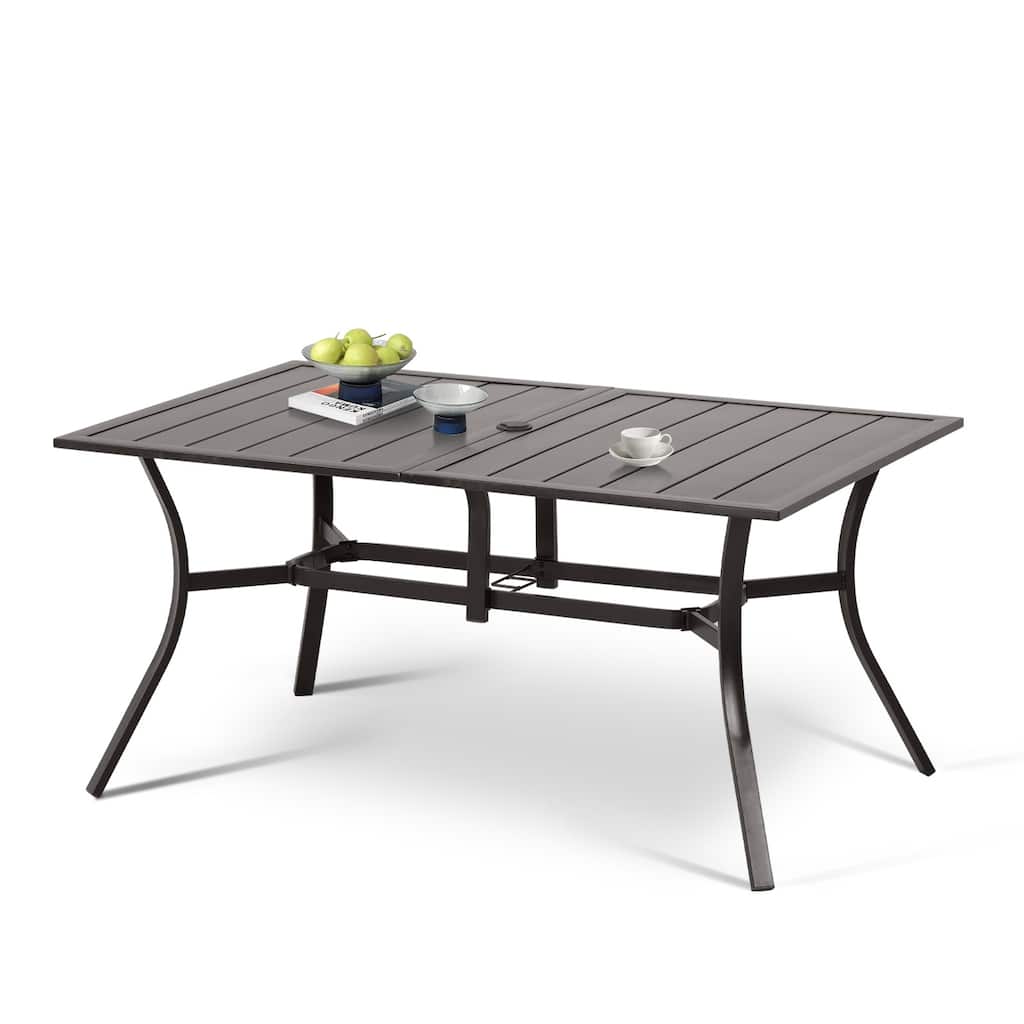 Aoodor Patio Dining Table for 6 People, Rectangular Metal Outdoor Dining Table with Adjustable Umbrella Hole - 59"x38"x29"