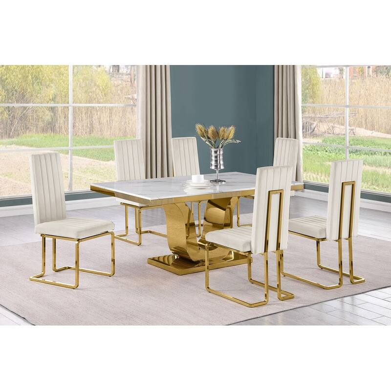 Best Quality Furniture D320-SC344-7 Dining Set with 66" White Marble Top - 7-Piece - Cream / Gold
