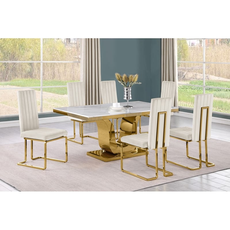 Best Quality Furniture D320-SC344-7 Dining Set with 66" White Marble Top