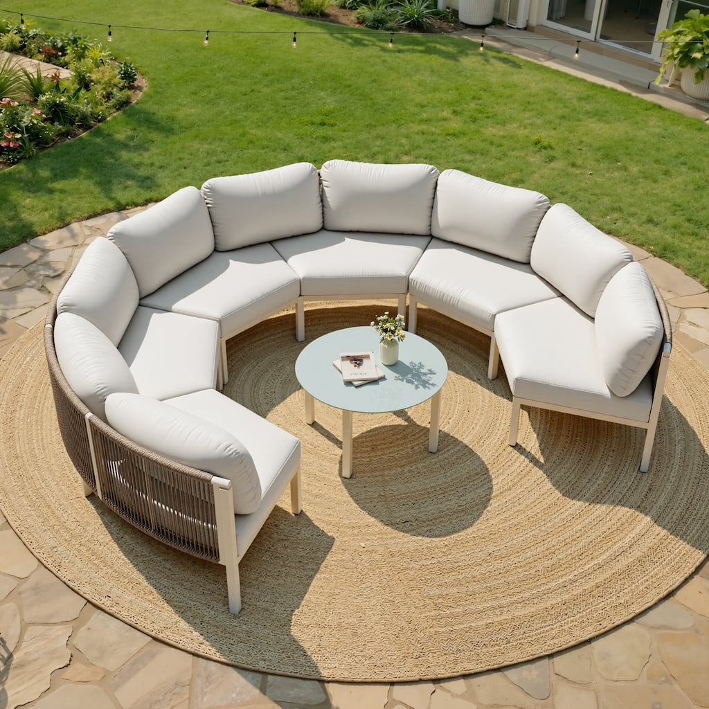 Outdoor All-Weather Aluminum Half Moon Curved Sofa Rattan Sectional Sofa Deep Seating Patio Outdoor Conversation Sets