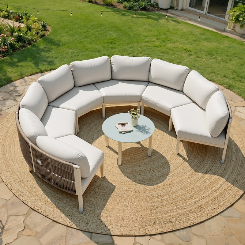 Outdoor All-Weather Aluminum Half Moon Curved Sofa Rattan Sectional Sofa Deep Seating Patio Outdoor Conversation Sets - 6-seater + 1 table - Beige