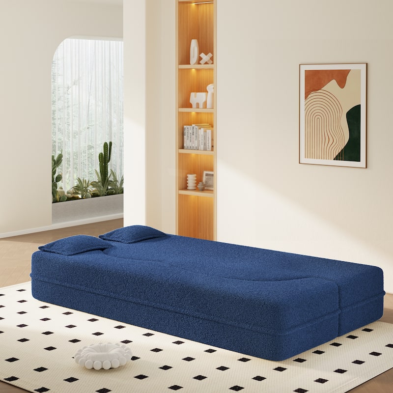 Convertible Floor Sofa with Teddy Fabric, Twin Mattress & No Assembly