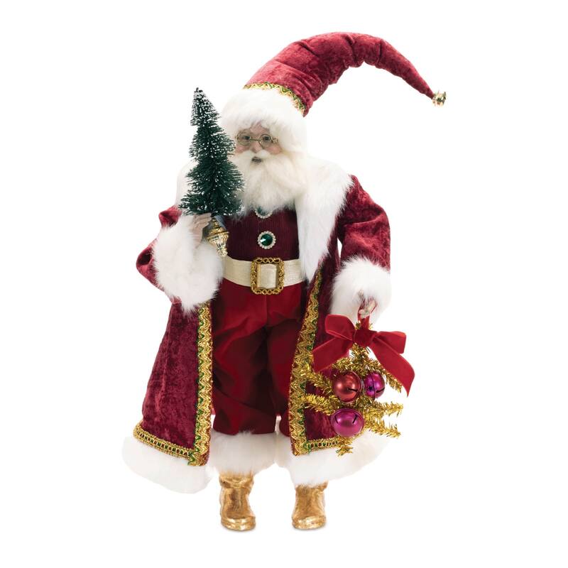 Classic Santa Figurine with Tree Red and Gold Holiday Decoration - 14” x 11” x 25” - Red-White