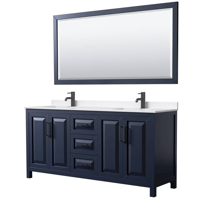 Daria 72-inch Double Vanity, Single Hole Quartz Top, 70-inch Mirror - Dark Blue, Black Trim, White Quartz Top