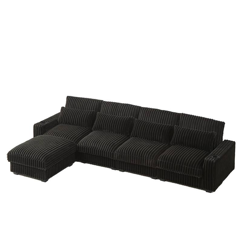 Modern 126-inch Corduroy Sofa with 4 Cushions, Movable Footrest, USB Ports, and Cup Holders