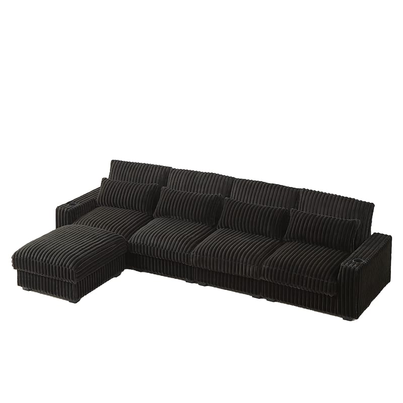Super Large 126-Inch Corduroy L-Shaped Sofa with Cup Holders, USB Port, Movable Footrest, and 8 Cushions.