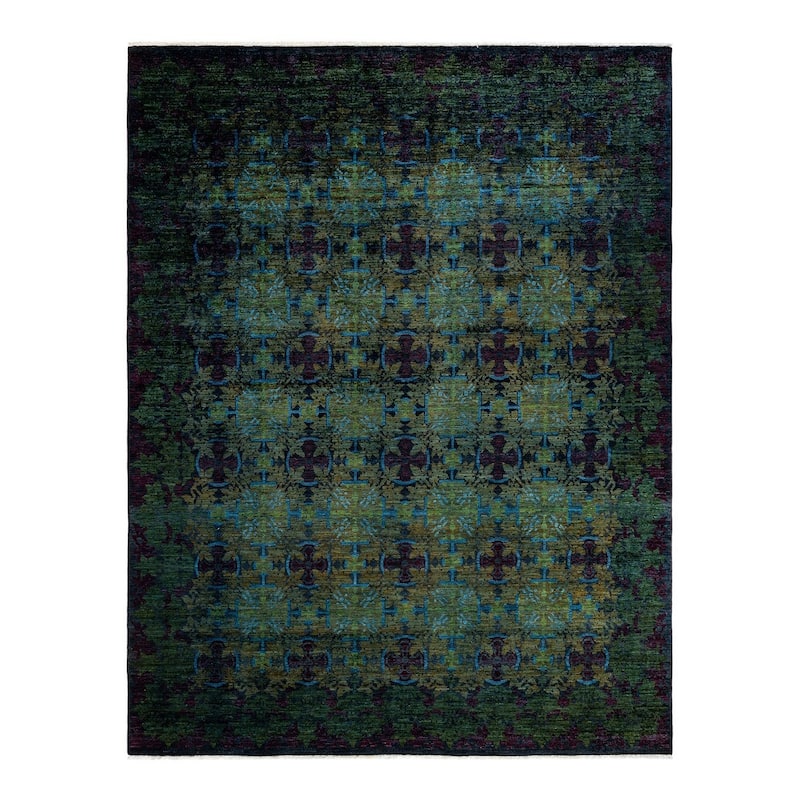 Overton Hand Knotted Wool Vintage Inspired Modern Contemporary Overdyed Green Area Rug - 9' 0" x 11' 10"