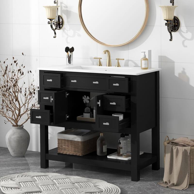 36-Inch Black Bathroom Vanity with Ceramic Sink, 6 Drawers, and Soft-Close Doors - 36 in ,Black ,Ceramic,Solid Wood+MDF - 36 in ,Black ,Ceramic,Solid Wood+MDF - Black
