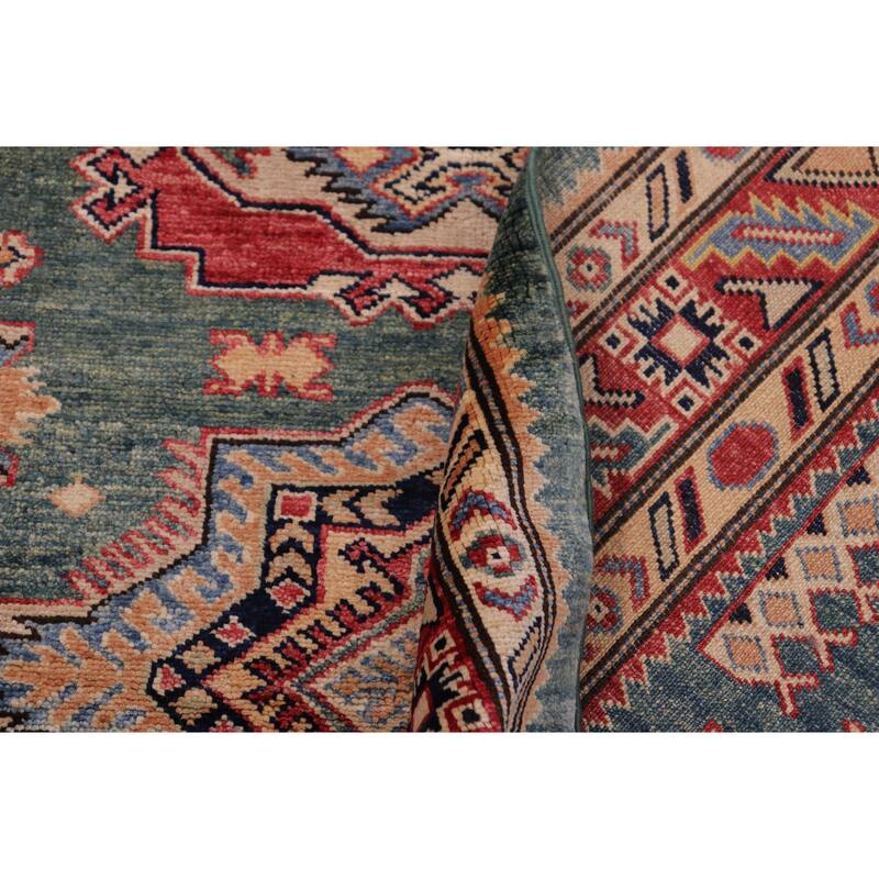 Southwestern Super Kazak Samara Green/Red Hand Knotted Wool Rug - 4'2'' x 5'11''