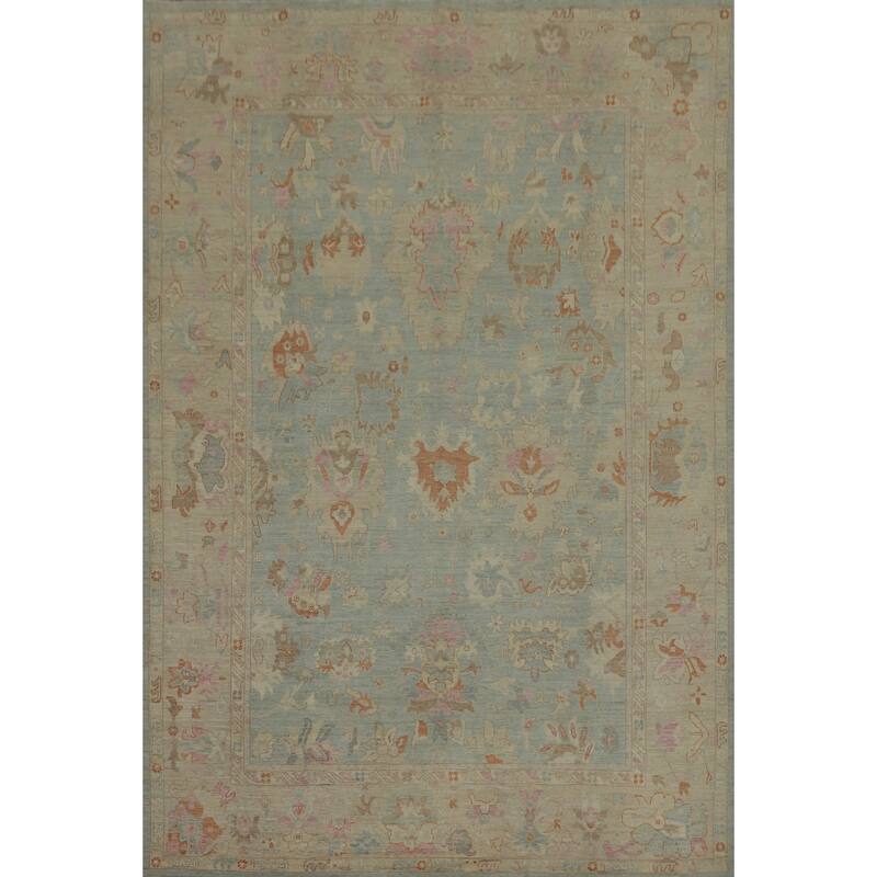 Handmade Wool Oushak Vegetable Dye Large Rug, Floral Geometric Carpet - 14' 0'' X 10' 3''