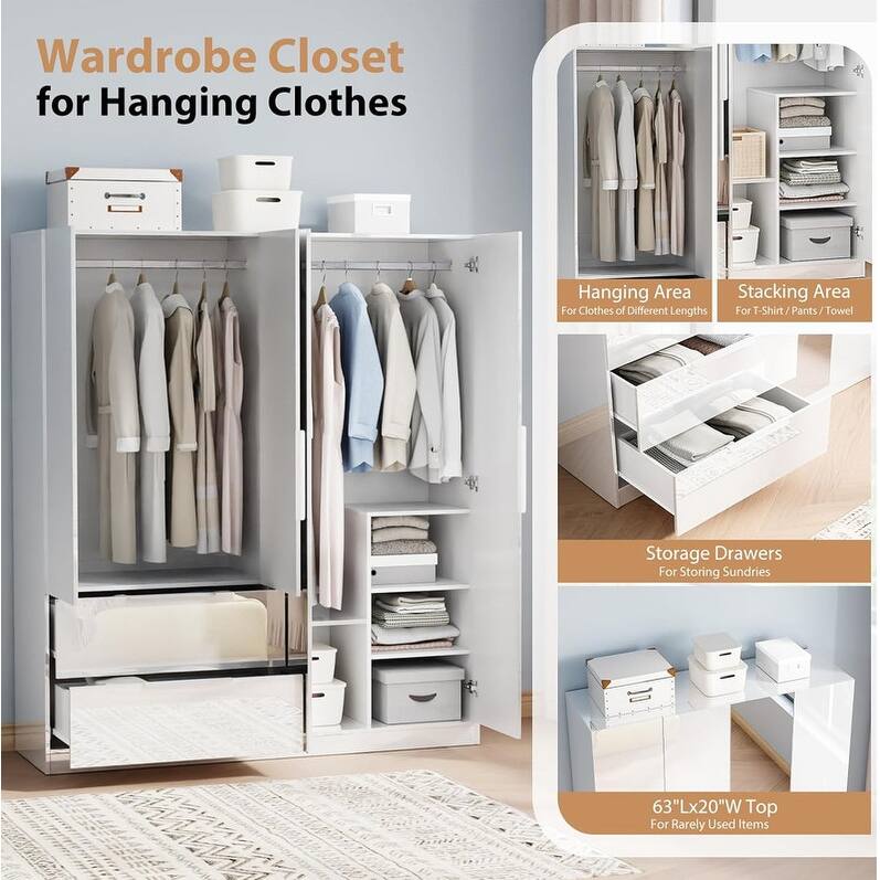 Armoire 4 Doors 2 Drawers with Full-length Mirror Door with High Gloss Paint