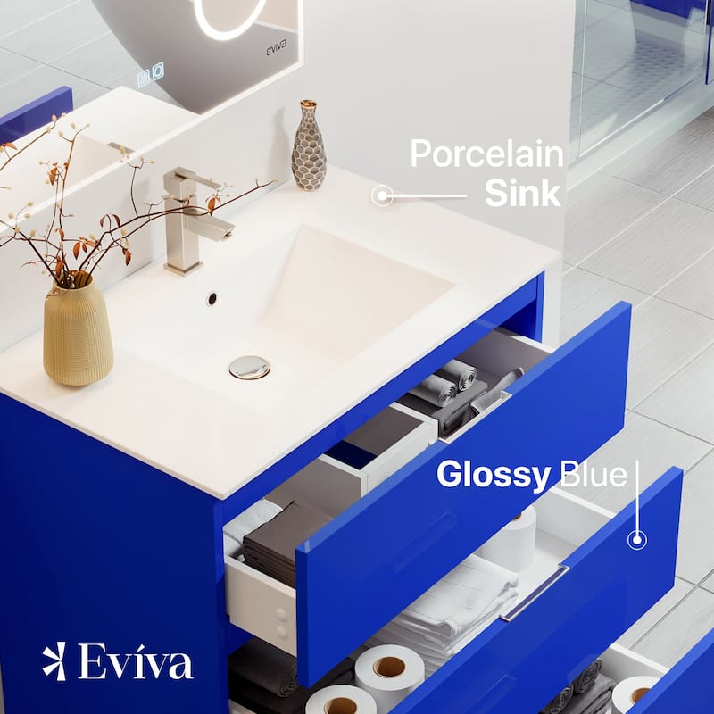 Eviva Malmo 32"W Blue Bath Vanity with Porcelain Integrated Sink