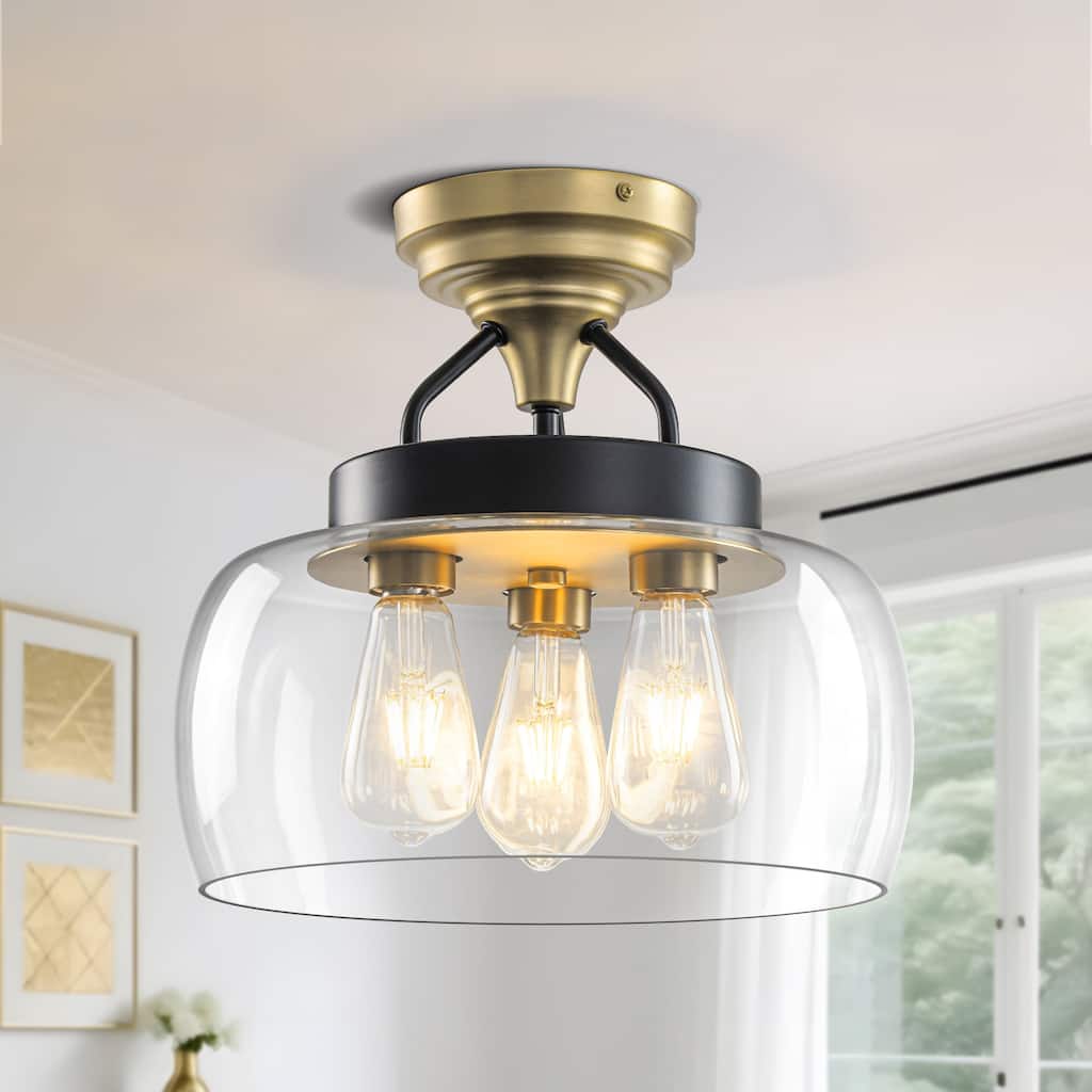 Starsky 3-Light Modern Clear Glass Dome Flush Mount Ceiling Light, Thick One-Piece Drum Shade