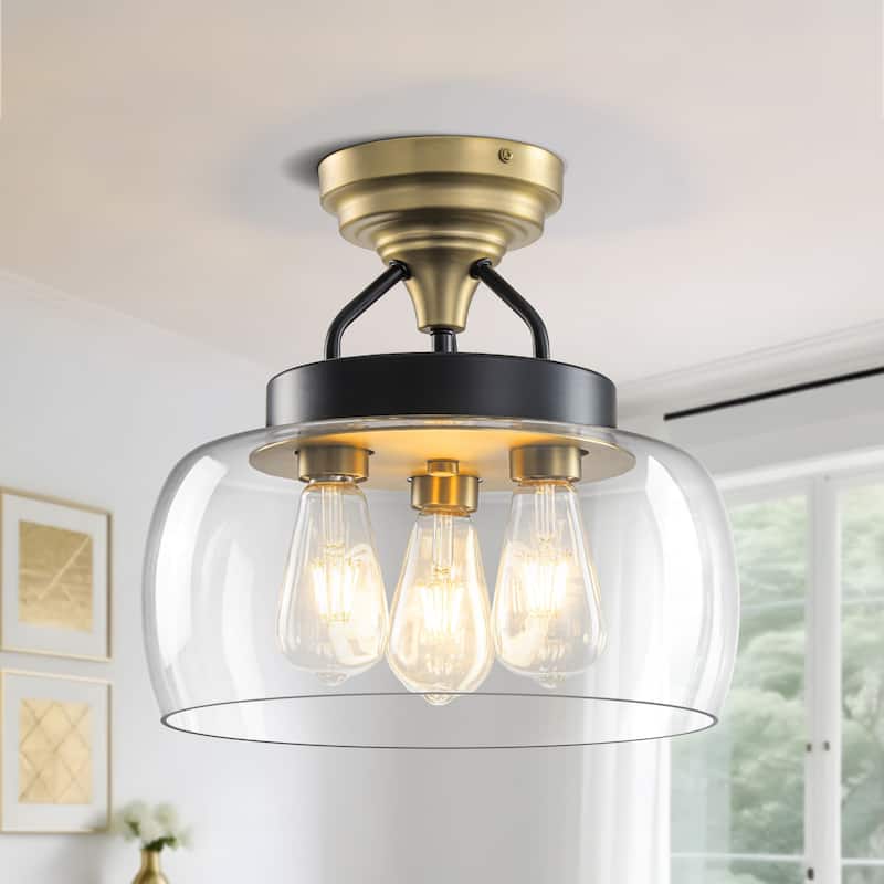 Starsky 3-Light Modern Clear Glass Dome Flush Mount Ceiling Light, Thick One-Piece Drum Shade - Black&Gold