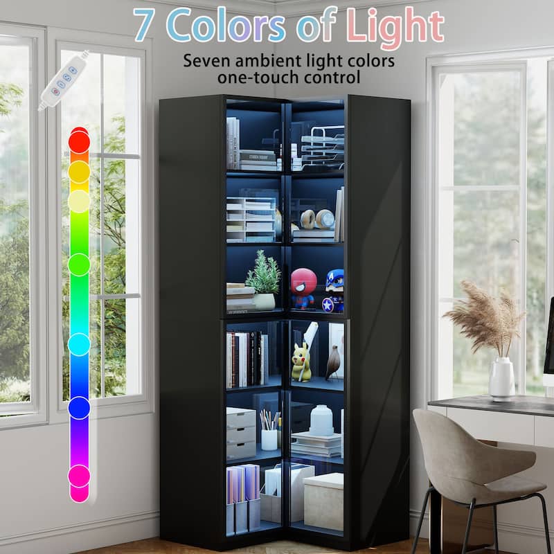 Tall Bookcase with LED Light, Modern 6-Tier Bookshelf Display Cabinet with Glass Door
