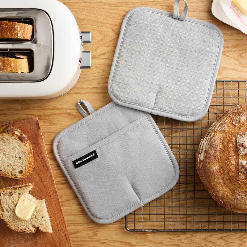 KITCHENAID Gourmet Series Gridlines Pot Holders 2-Pack Set, Heat Resistant up to 600°F, Soft Silicone Grip, Magnetic Cuff