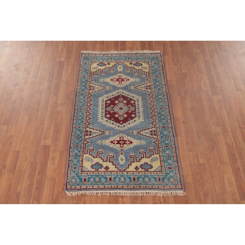 Geometric Kazak Accent Rug Handmade Blue Wool Carpet - 3'0"x 4'11"