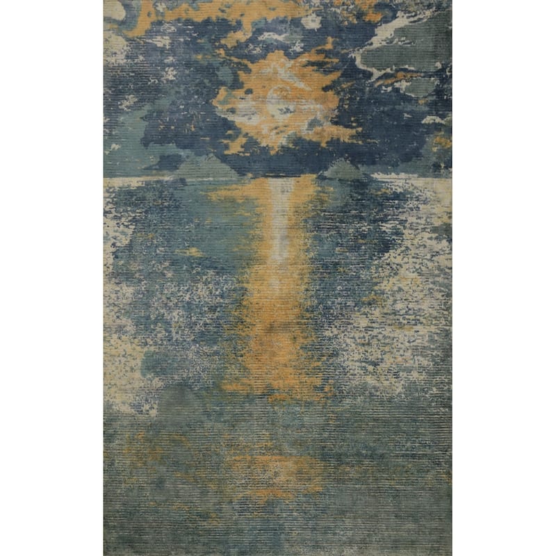 Hand Knotted Oriental Viscose Silk Carpet Modern Pictorial Multi-Colored Abstract Area Rug - 7' 8'' X 5' 6''
