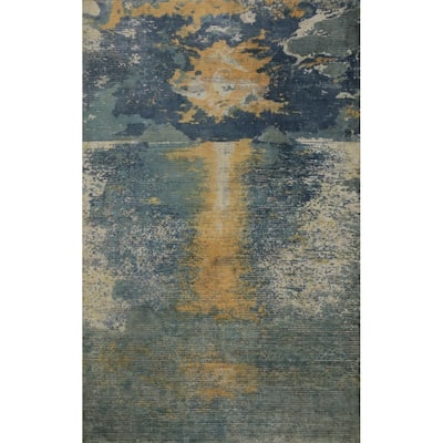 Hand Knotted Oriental Viscose Silk Carpet Modern Pictorial Multi-Colored Abstract Area Rug - 7' 8'' X 5' 6''