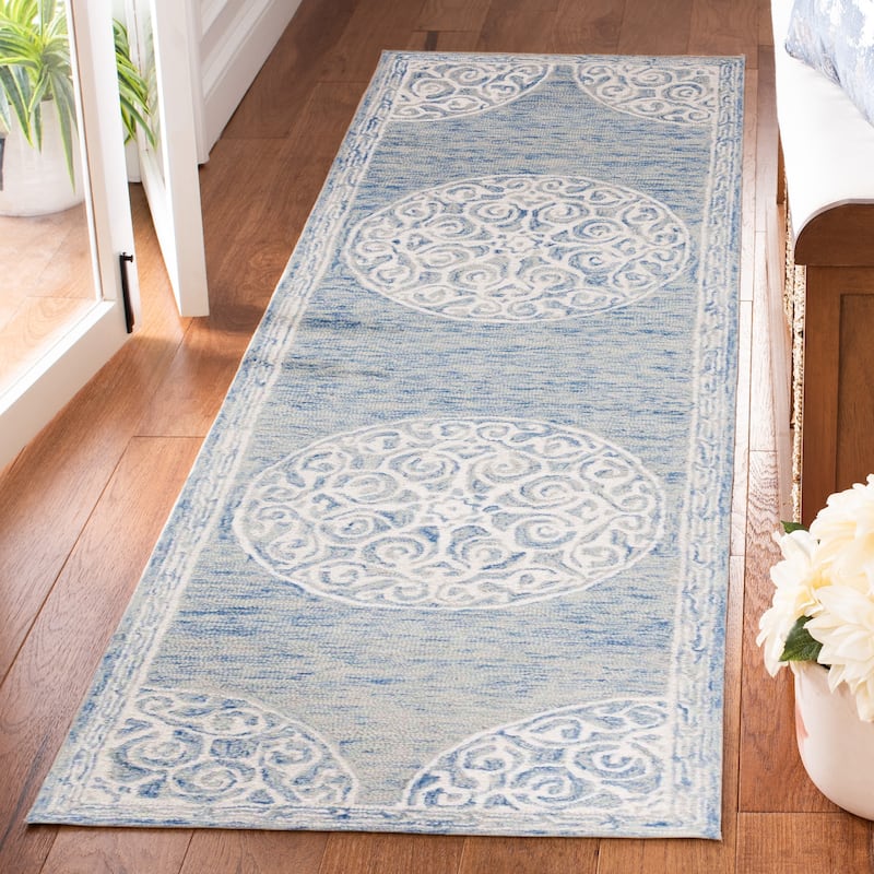 SAFAVIEH Handmade Metro Tietje Medallion Wool Rug - 2'3" x 8' Runner - Blue/Ivory