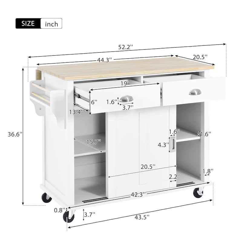 Kitchen Island with Drop-Leaf Countertop, Rolling Kitchen Cart on Wheels, Storage Trolley with 2 Drawers & 2 Sliding Doors