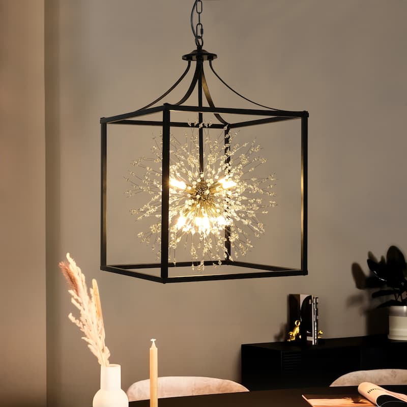 Lakeyah 8-Light Matte Black Square Gold Industrial Sputnik Sphere Firework Crystal Chandelier
