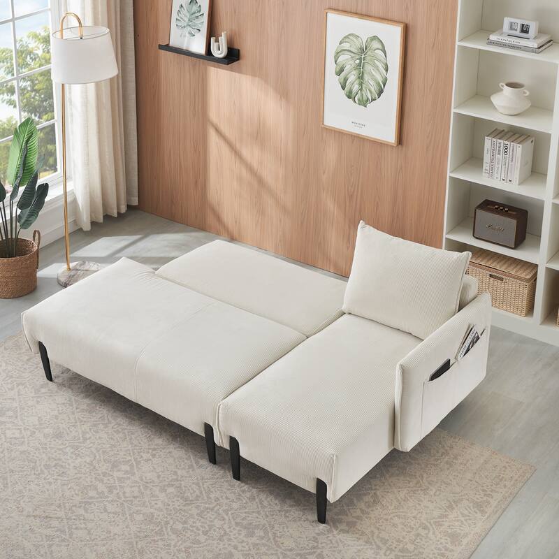 79.50 inches long, Corduroy Sofa Fabric, with three matching pillows and spacious and comfortable seats