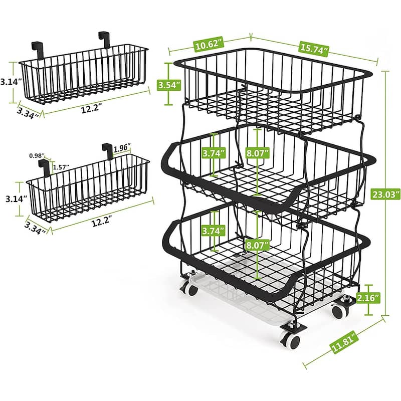 3 Tier Fruit Basket Metal Wire Basket Cart with Rolling Wheels